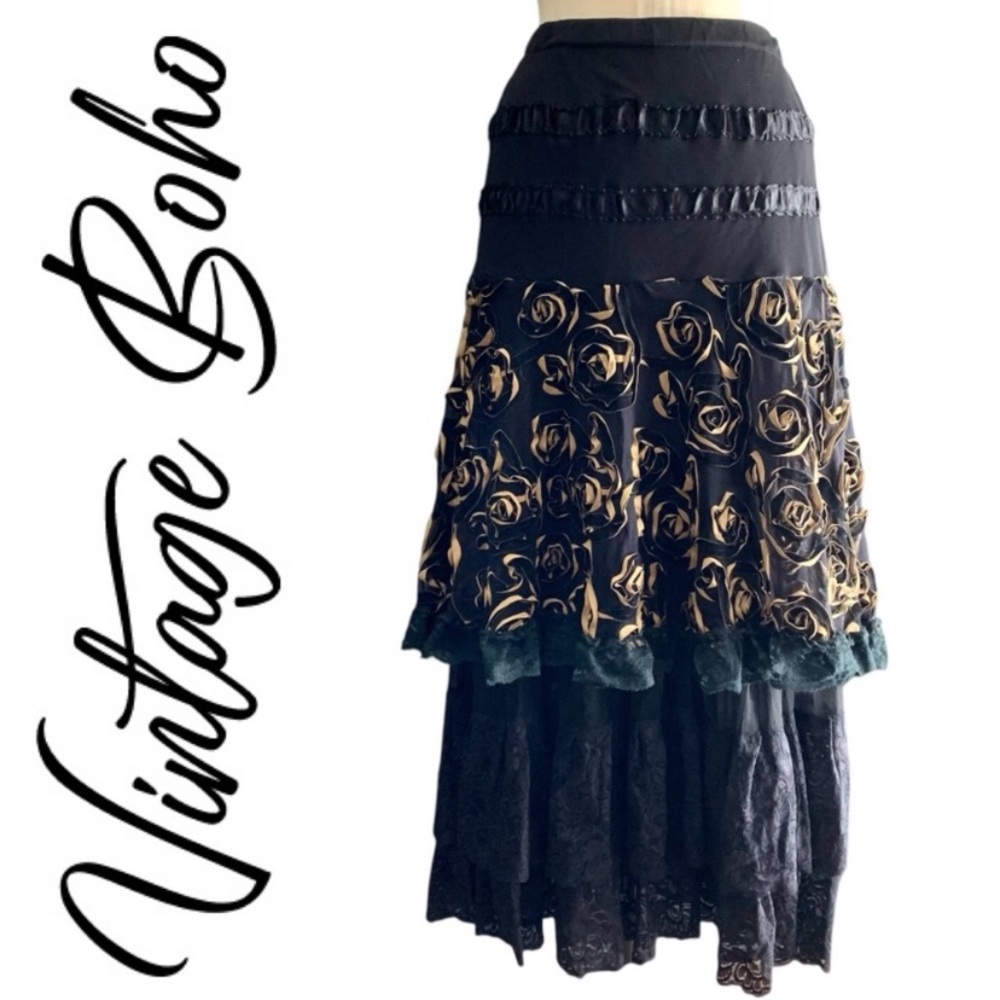 Vintage Black Maxi Peasant Skirt With Tan Ribbon Roses And  Lace Ruffles- M